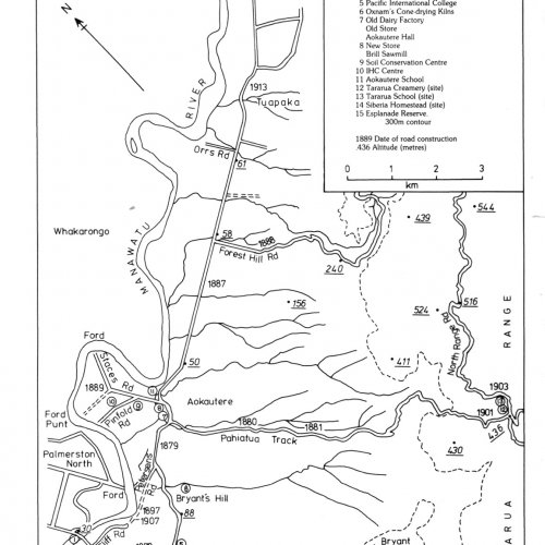 Map of Manawatu River from the Manawatu Gorge to the Tiritea Stream, showing bush-clad areas and Maori pa sites, as recorded by J. T. Stewart (1858)